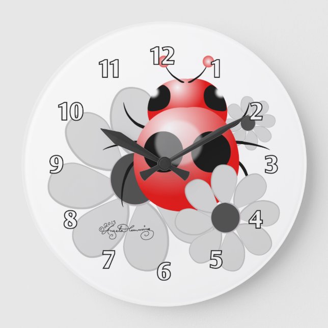 Cute ladybug and black and white Daisies Large Clock (Front)