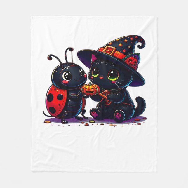 Cute Ladybug and Black Cat Halloween Classic T-Shi Fleece Blanket (Front)