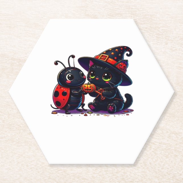 Cute Ladybug and Black Cat Halloween Classic T-Shi Paper Coaster (Front)