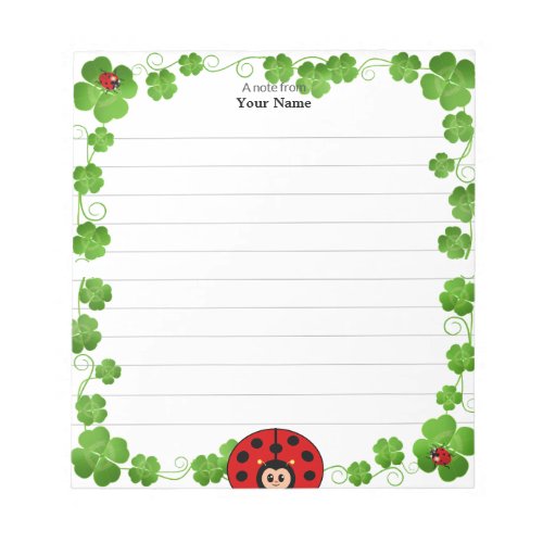 Cute Ladybug and Clover Leaves Lined Notepad