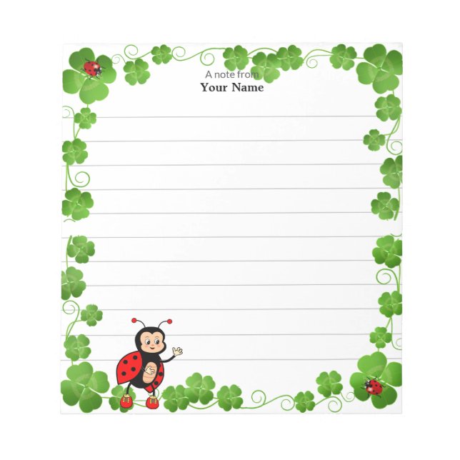 Cute Ladybug and Clover Leaves Lined Notepad (Front)