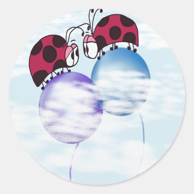 Cute Ladybug And Colorful Balloons Cartoon Classic Round Sticker (Front)