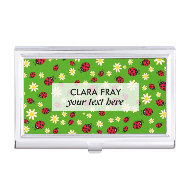 cute ladybug and daisy flower pattern green business card holder (Front)