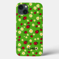 cute ladybug and daisy flower pattern green
