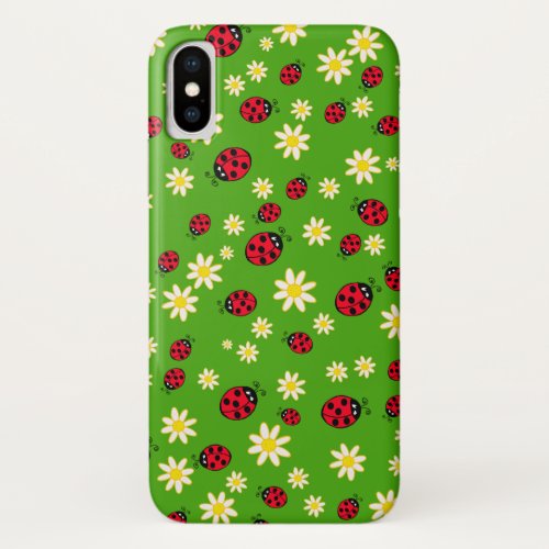 cute ladybug and daisy flower pattern green iPhone XS case