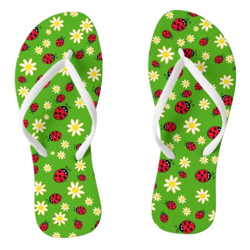 cute ladybug and daisy flower pattern green flip flops