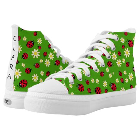 Cute Ladybug And Daisy Flower Pattern Green High-top Sneakers
