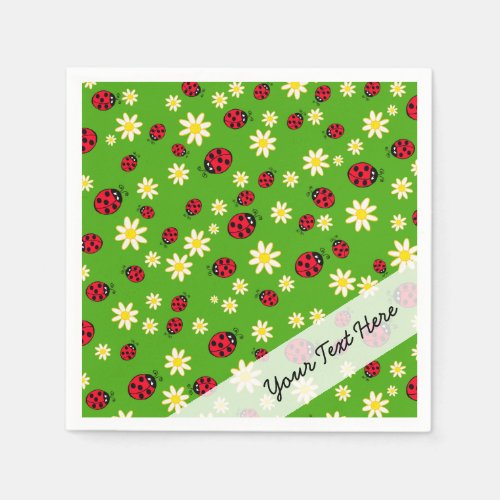 cute ladybug and daisy flower pattern green paper napkins