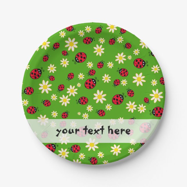 cute ladybug and daisy flower pattern green paper plates (Front)