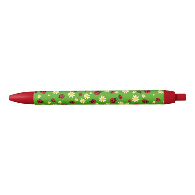 cute ladybug and daisy flower pattern green pen (Front)
