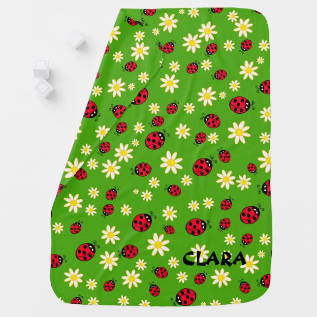 cute ladybug and daisy flower pattern green stroller blanket (In Situ)