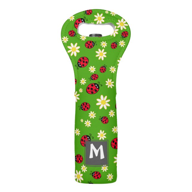 cute ladybug and daisy flower pattern green wine bag (Front)