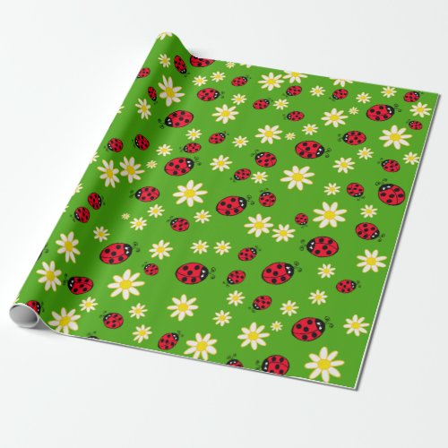 cute ladybug and daisy flower pattern green wrapping paper