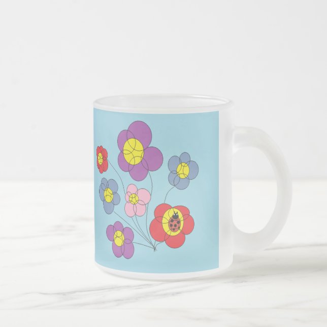 Cute Ladybug and Flowers Blue Frosted Glass Coffee Mug (Right)