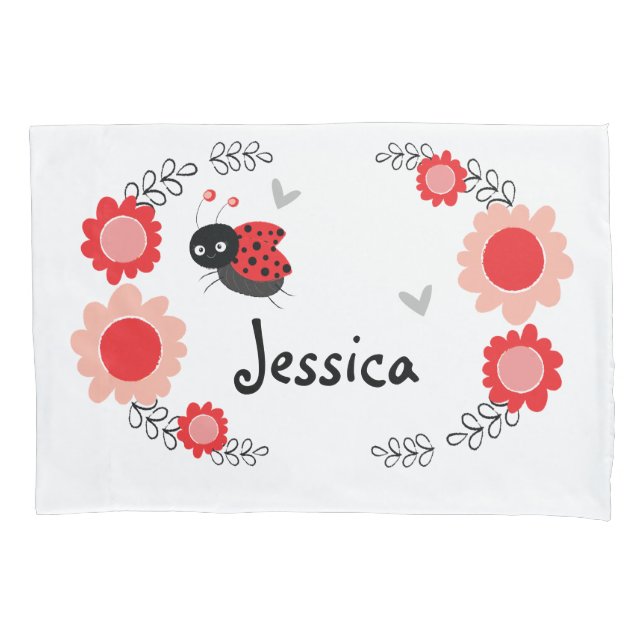 Cute Ladybug and Flowers Red and Black Pillow Case (Front)