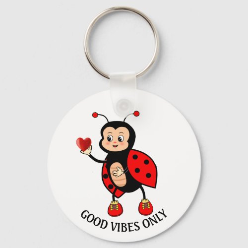 Cute Ladybug and Heart on White Keychain