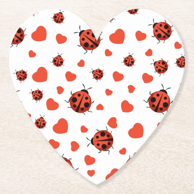 Cute Ladybug and Hearts Pattern  Paper Coaster (Front)