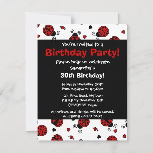 Cute Ladybug and Hearts Red Print Party Invitation