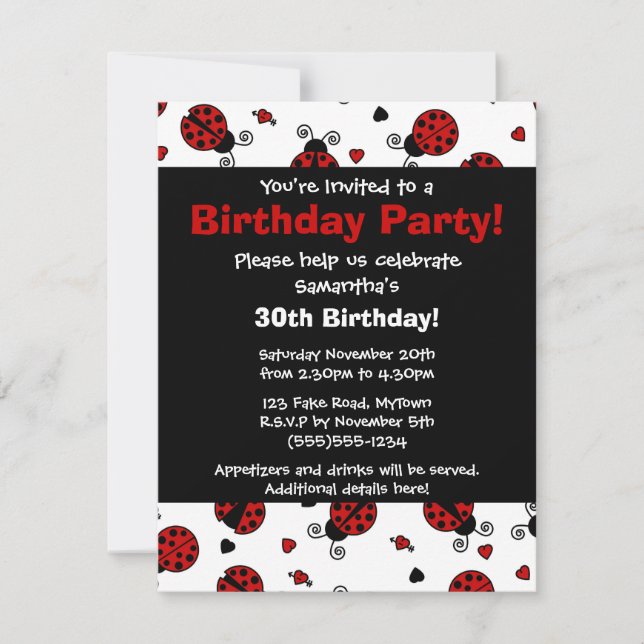 Cute Ladybug and Hearts Red Print Party Invitation (Front)