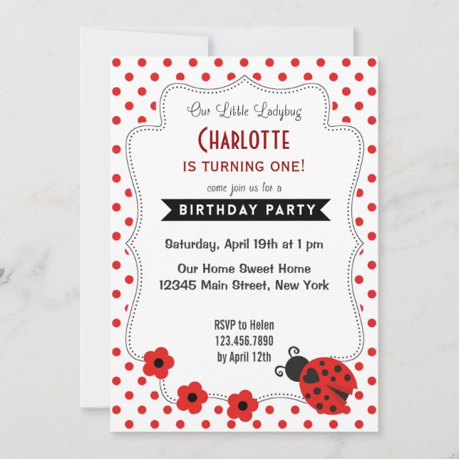 Cute Ladybug Birthday Invitation Red Polkadot (Front)