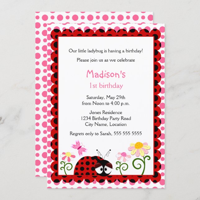 Cute Ladybug Birthday Party Invitation (Front/Back)