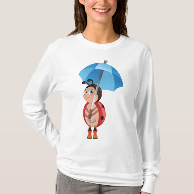 Cute Ladybug Blue Umbrella Rain Boots T-Shirt (Front)