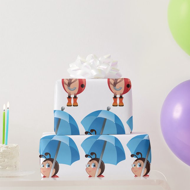Cute Ladybug Blue Umbrella Rain Boots Wrapping Paper (Creator Uploaded)