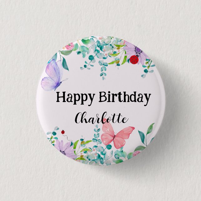Cute Ladybug Butterfly colorful flower Birthday Button (Front)