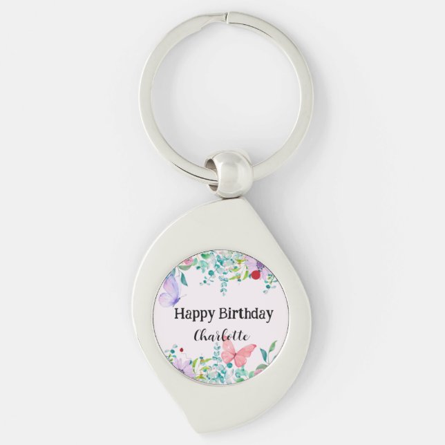 Cute Ladybug Butterfly colorful flower Birthday Keychain (Front)