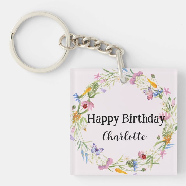 Cute Ladybug Butterfly Daisy floral Rustic Pattern Keychain (Front)