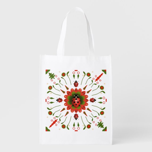 Cute Ladybug Christmas Red White Green EcoFriendly Grocery Bag (Front)
