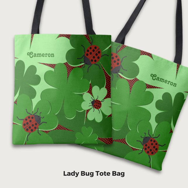 Cute Ladybug Clover Leaves Name in Green Red  Tote Bag (Cute Ladybug Clover Leaves Name in Green Red Tote Bag)
