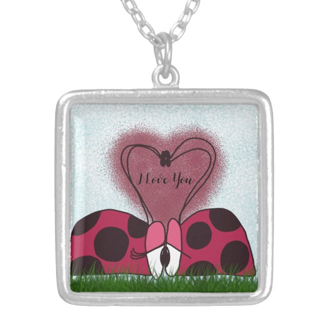 Cute Ladybug Couple  Silver Plated Necklace (Front)