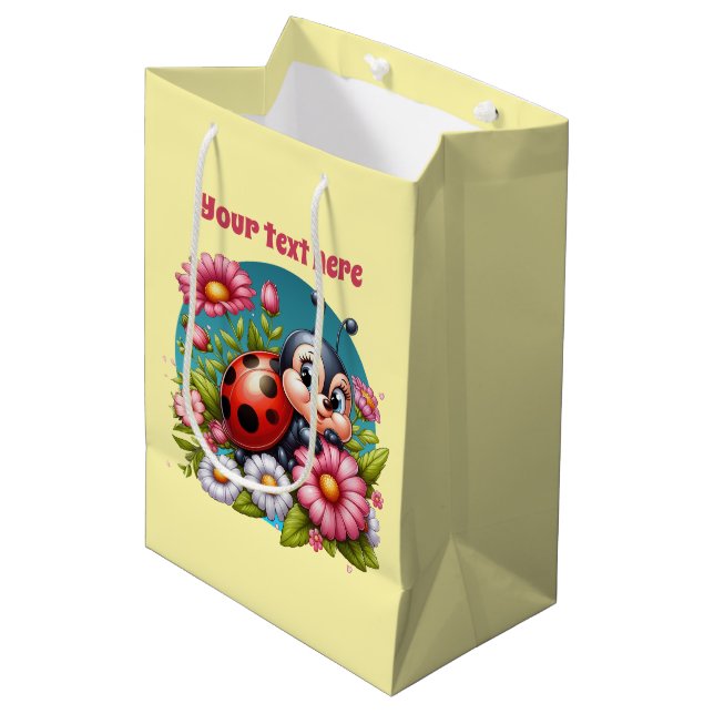 Cute ladybug customizable girl party medium gift bag (Front Angled)