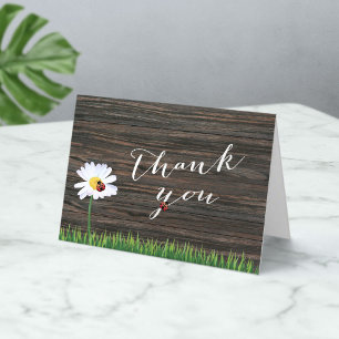 Cute Ladybug & Daisy Flower Wood Background Letterpress Thank You Card