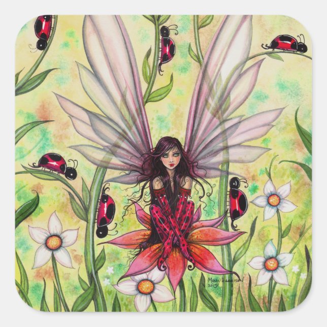 Cute Ladybug Fairy Fantasy Art Illustration Square Sticker (Front)