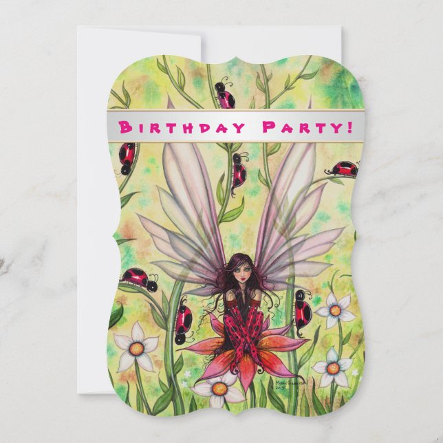Cute Ladybug Fairy Fantasy Girls Birthday Invite (Back)