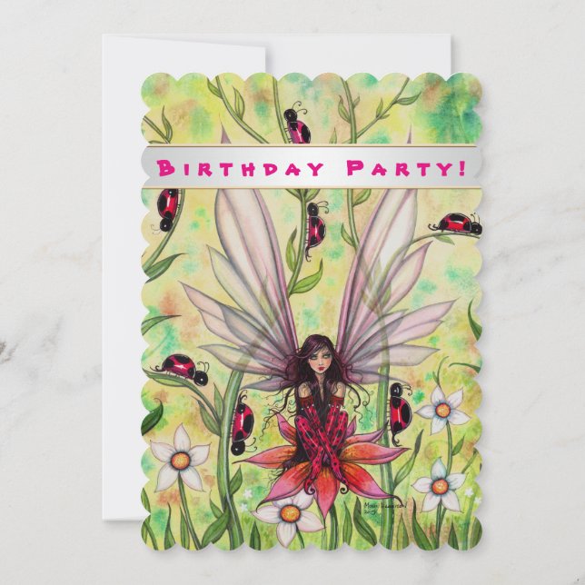 Cute Ladybug Fairy Fantasy Girls Birthday Invite (Back)