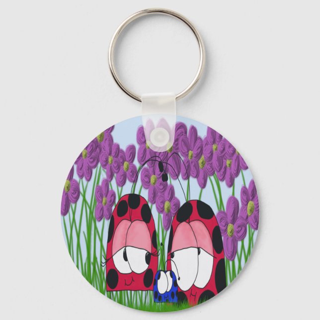 Cute Ladybug Family Illustration Keychain (Front)