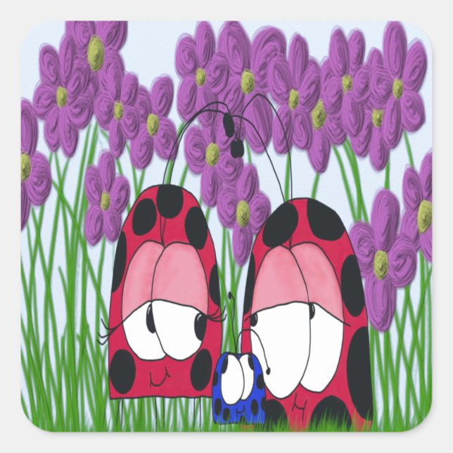 Cute Ladybug Family Illustration Square Sticker (Front)