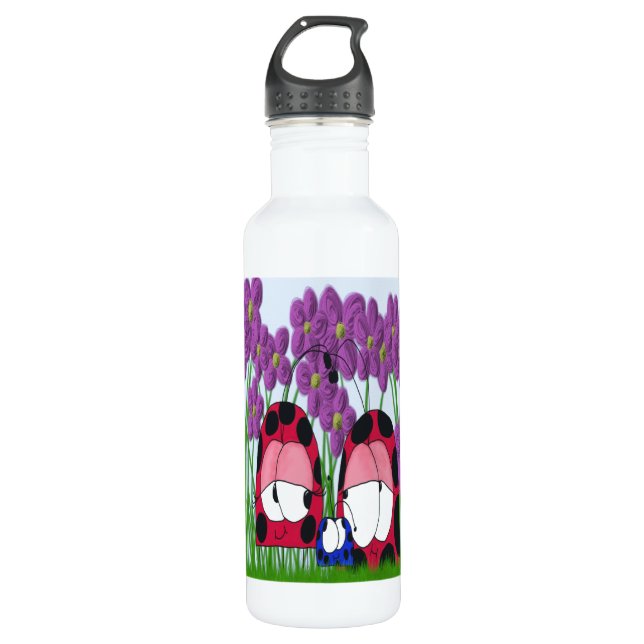 Cute Ladybug Family Illustration Water Bottle (Front)