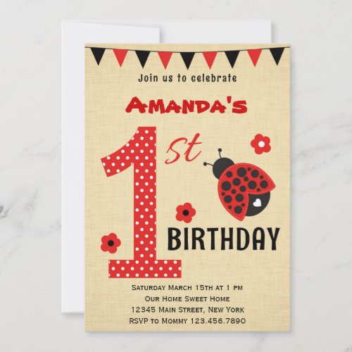 Cute Ladybug First Birthday Invitation