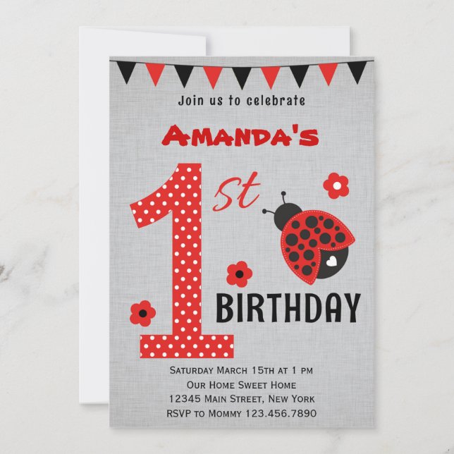 Cute Ladybug First Birthday Invitation (Front)