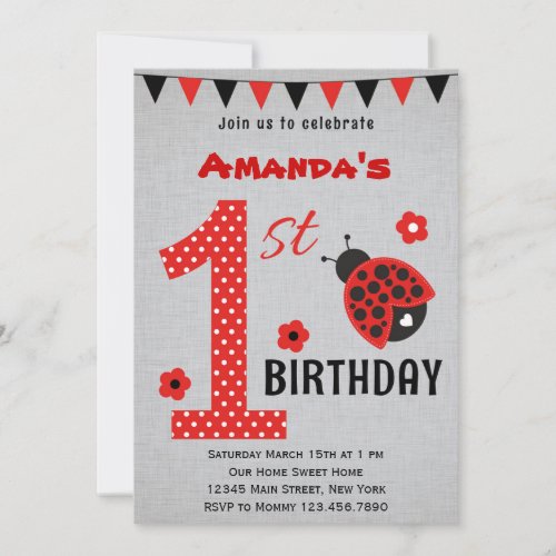 Cute Ladybug First Birthday Invitation