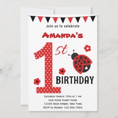 Cute Ladybug First Birthday Invitation