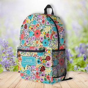 Cute Ladybug Floral Pattern Personalized Name Text Printed Backpack