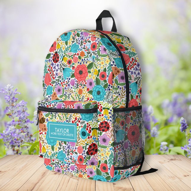Cute Ladybug Floral Pattern Personalized Name Text Printed Backpack (Creator Uploaded)