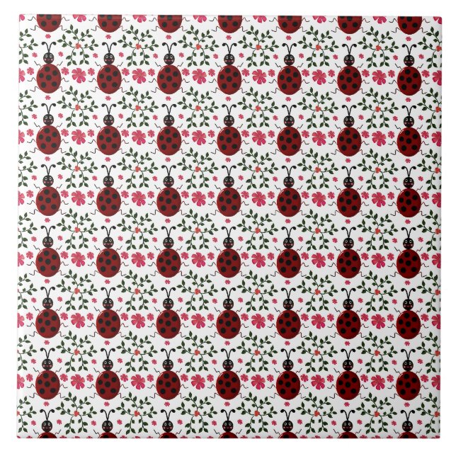 Cute Ladybug Floral Seamless Pattern   Ceramic Tile (Front)