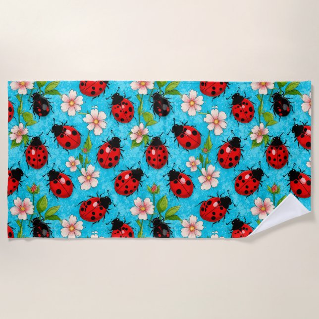 🌼 Cute Ladybug & Flowers Nature Pattern 🐞 Beach Towel (Front)