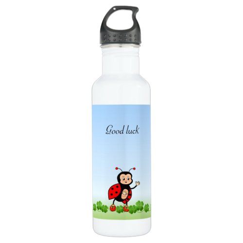 Cute Ladybug Four_leaf Clovers on Light Blue Stainless Steel Water Bottle